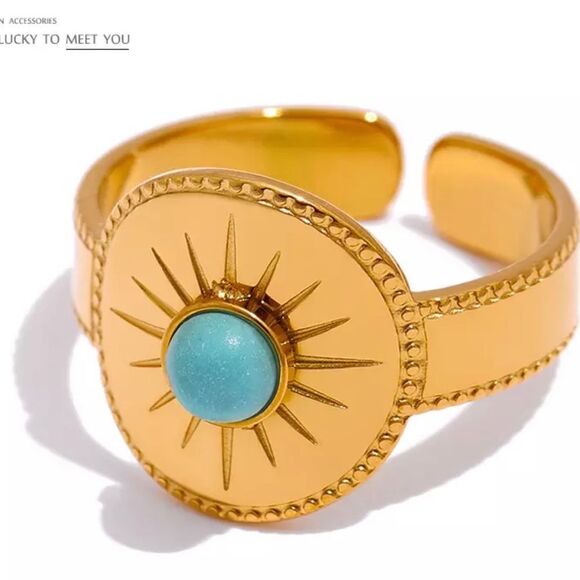 18k Gold Blue Stone Open Ring Statement Ring - Picture 1 of 7